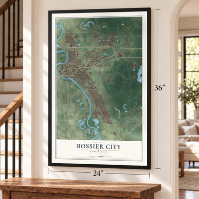 Bossier City, Louisiana map, 24 x 36 inch print in a black frame by a staircase