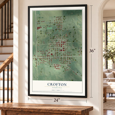 Crofton, Nebraska map, 24 x 36 inch print in a black frame by a staircase