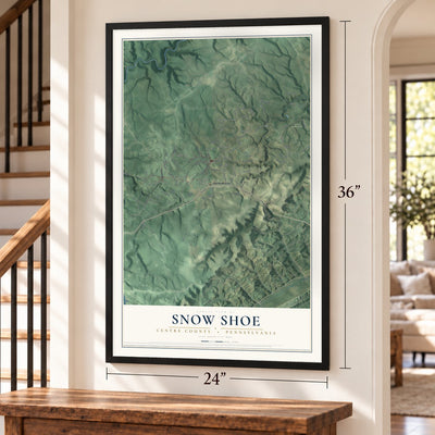 Snow Shoe, Centre County, Pennsylvania map, 24 x 36 inch print in a black frame by a staircase