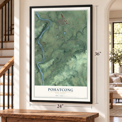 Pohatcong, New Jersey map, 24 x 36 inch print in a black frame by a staircase