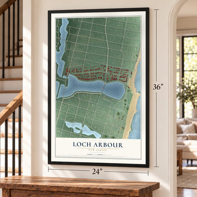 Loch Arbour, New Jersey map, 24 x 36 inch print in a black frame by a staircase
