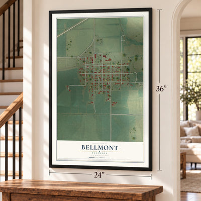 Bellmont, Illinois map, 24 x 36 inch print in a black frame by a staircase