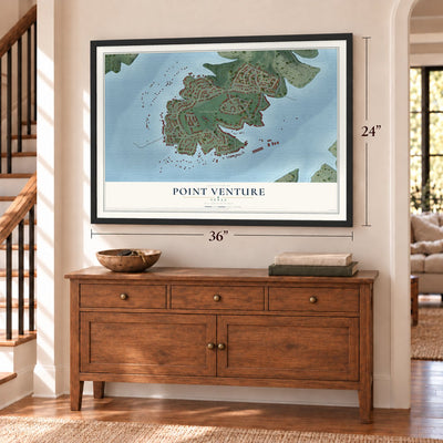 Point Venture, Texas map, 24 x 36 inch print in a black frame above a dresser by a staircase