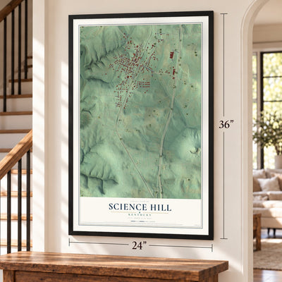 Science Hill, Kentucky map, 24 x 36 inch print in a black frame by a staircase