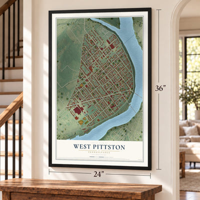 West Pittston, Pennsylvania map, 24 x 36 inch print in a black frame by a staircase