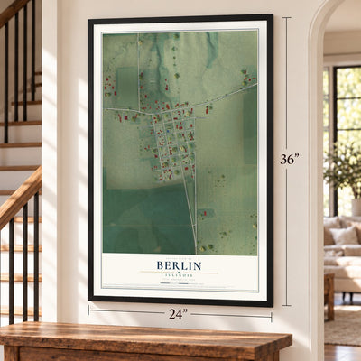 Berlin, Illinois map, 24 x 36 inch print in a black frame by a staircase