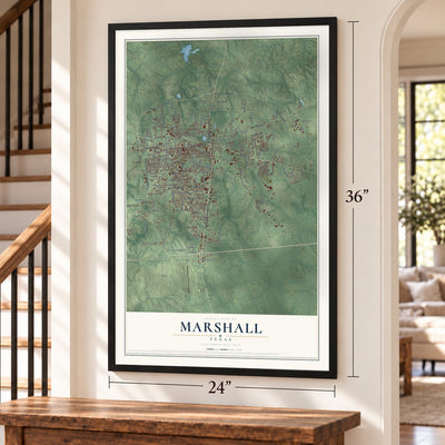 Marshall, Texas map, 24 x 36 inch print in a black frame by a staircase