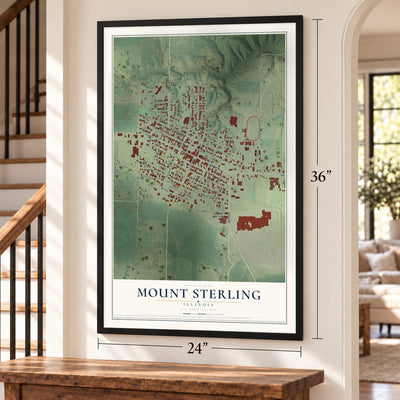 Mount Sterling, Illinois map, 24 x 36 inch print in a black frame by a staircase
