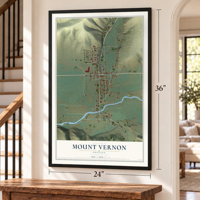 Mount Vernon, Oregon map, 24 x 36 inch print in a black frame by a staircase