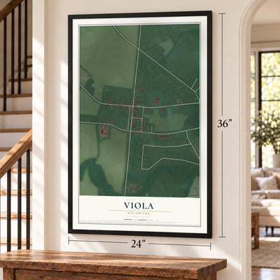 Viola, Delaware map, 24 x 36 inch print in a black frame by a staircase
