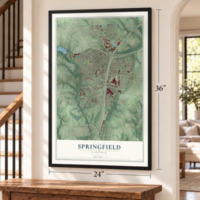 Springfield, Virginia map, 24 x 36 inch print in a black frame by a staircase
