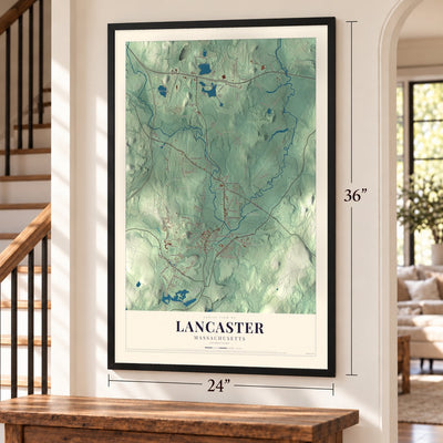 Lancaster, Massachusetts map, 24 x 36 inch print in a black frame by a staircase