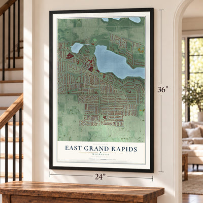 East Grand Rapids, Michigan map, 24 x 36 inch print in a black frame by a staircase