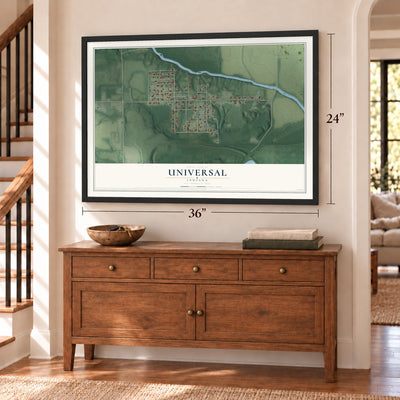 Universal, Indiana map, 24 x 36 inch print in a black frame above a dresser by a staircase