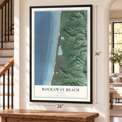 Rockaway Beach, Oregon map, 24 x 36 inch print in a black frame by a staircase
