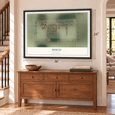 Risco, Missouri map, 24 x 36 inch print in a black frame above a dresser by a staircase