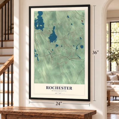 Rochester, Massachusetts map, 24 x 36 inch print in a black frame by a staircase