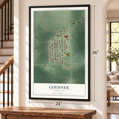 Goehner, Nebraska map, 24 x 36 inch print in a black frame by a staircase
