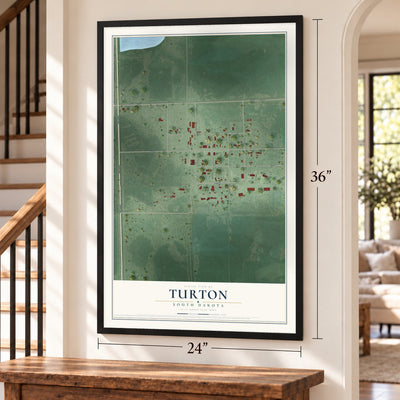 Turton, South Dakota map, 24 x 36 inch print in a black frame by a staircase