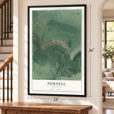 Purnell, Maryland map, 24 x 36 inch print in a black frame by a staircase