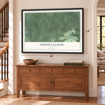 Gruetli-Laager, Tennessee map, 24 x 36 inch print in a black frame above a dresser by a staircase