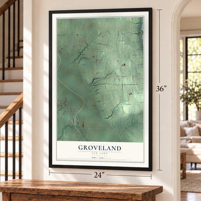 Groveland, New York map, 24 x 36 inch print in a black frame by a staircase