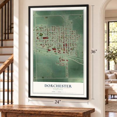 Dorchester, Nebraska map, 24 x 36 inch print in a black frame by a staircase