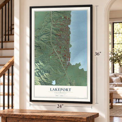 Lakeport, California map, 24 x 36 inch print in a black frame by a staircase