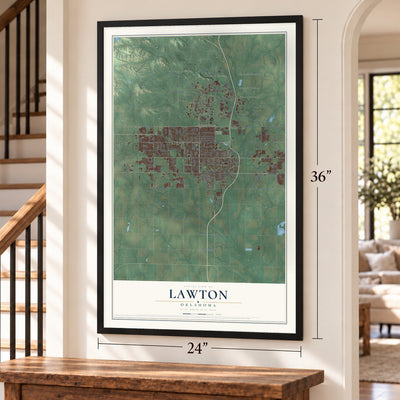 Lawton, Oklahoma map, 24 x 36 inch print in a black frame by a staircase