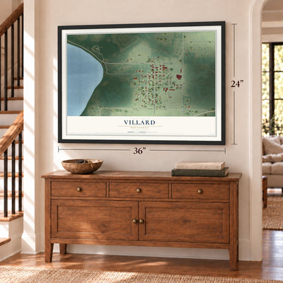 Villard, Minnesota map, 24 x 36 inch print in a black frame above a dresser by a staircase