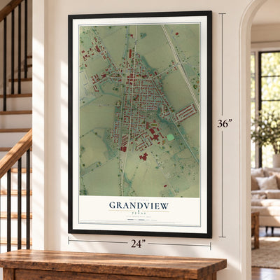 Grandview, Texas map, 24 x 36 inch print in a black frame by a staircase