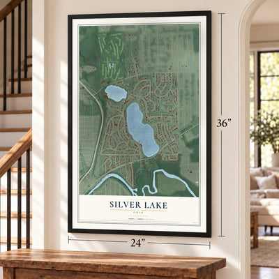 Silver Lake, Ohio map, 24 x 36 inch print in a black frame by a staircase