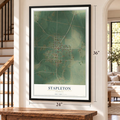 Stapleton, Georgia map, 24 x 36 inch print in a black frame by a staircase