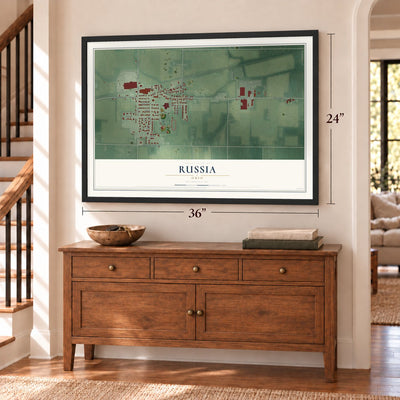 Russia, Ohio map, 24 x 36 inch print in a black frame above a dresser by a staircase