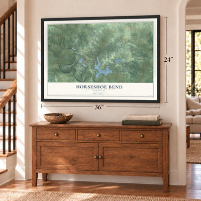 Horseshoe Bend, Arkansas map, 24 x 36 inch print in a black frame above a dresser by a staircase