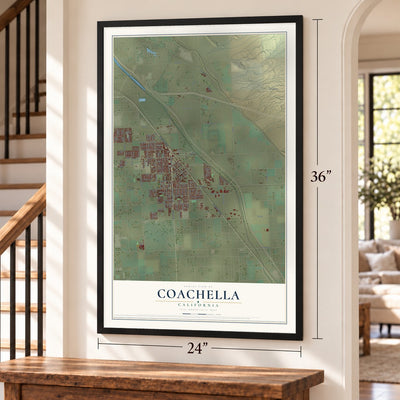 Coachella, California map, 24 x 36 inch print in a black frame by a staircase