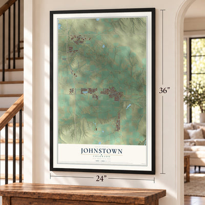 Johnstown, Colorado map, 24 x 36 inch print in a black frame by a staircase