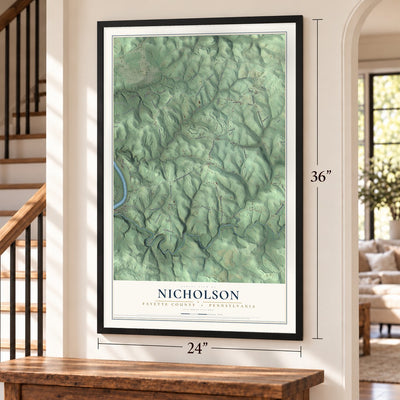 Nicholson, Fayette County, Pennsylvania map, 24 x 36 inch print in a black frame by a staircase