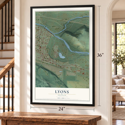 Lyons, Oregon map, 24 x 36 inch print in a black frame by a staircase
