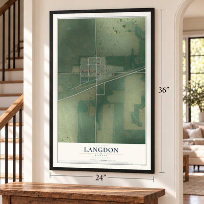 Langdon, Kansas map, 24 x 36 inch print in a black frame by a staircase