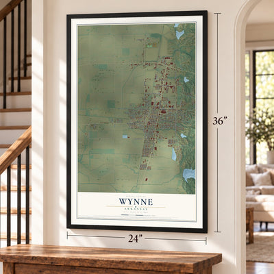Wynne, Arkansas map, 24 x 36 inch print in a black frame by a staircase