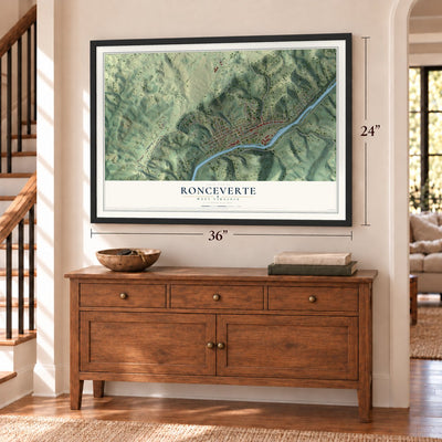Ronceverte, West Virginia map, 24 x 36 inch print in a black frame above a dresser by a staircase