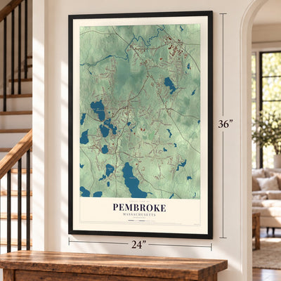 Pembroke, Massachusetts map, 24 x 36 inch print in a black frame by a staircase