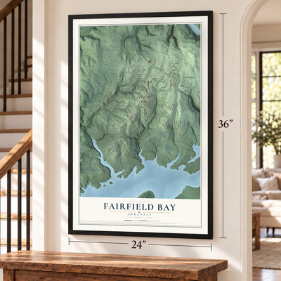 Fairfield Bay, Arkansas map, 24 x 36 inch print in a black frame by a staircase
