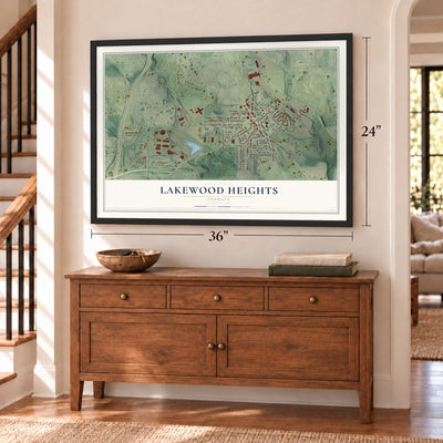 Lakewood Heights, Georgia map, 24 x 36 inch print in a black frame above a dresser by a staircase