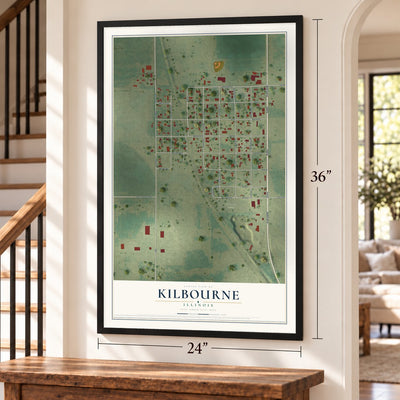 Kilbourne, Illinois map, 24 x 36 inch print in a black frame by a staircase