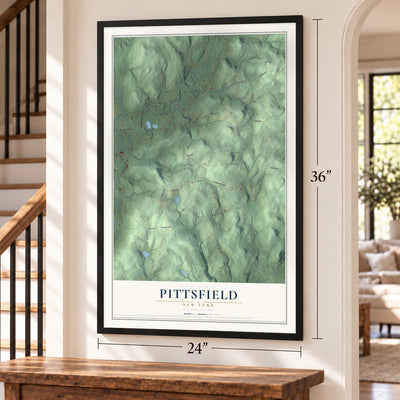 Pittsfield, New York map, 24 x 36 inch print in a black frame by a staircase