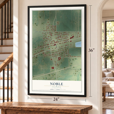 Noble, Illinois map, 24 x 36 inch print in a black frame by a staircase