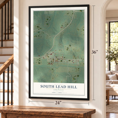South Lead Hill, Arkansas map, 24 x 36 inch print in a black frame by a staircase