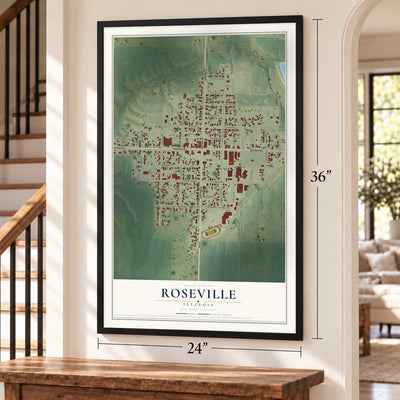 Roseville, Illinois map, 24 x 36 inch print in a black frame by a staircase